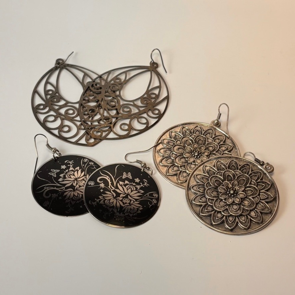 Boho Dangle Drop Hoop Earrings Silver Black Floral Filigree Statement Lot 3 Pair